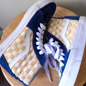 Vans Sk8-Hi Checkerboard Sneakers Blue‎ Yellow High Tops Mens 6 Womens 7.5 Retro